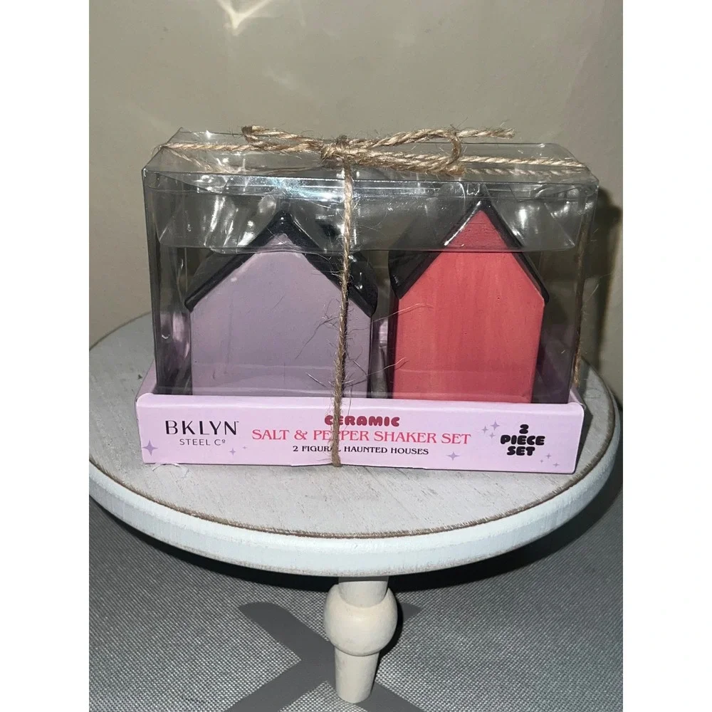BKLYN Steel Co Ceramic Salt and Pepper Shaker Set Haunted House Halloween Pink